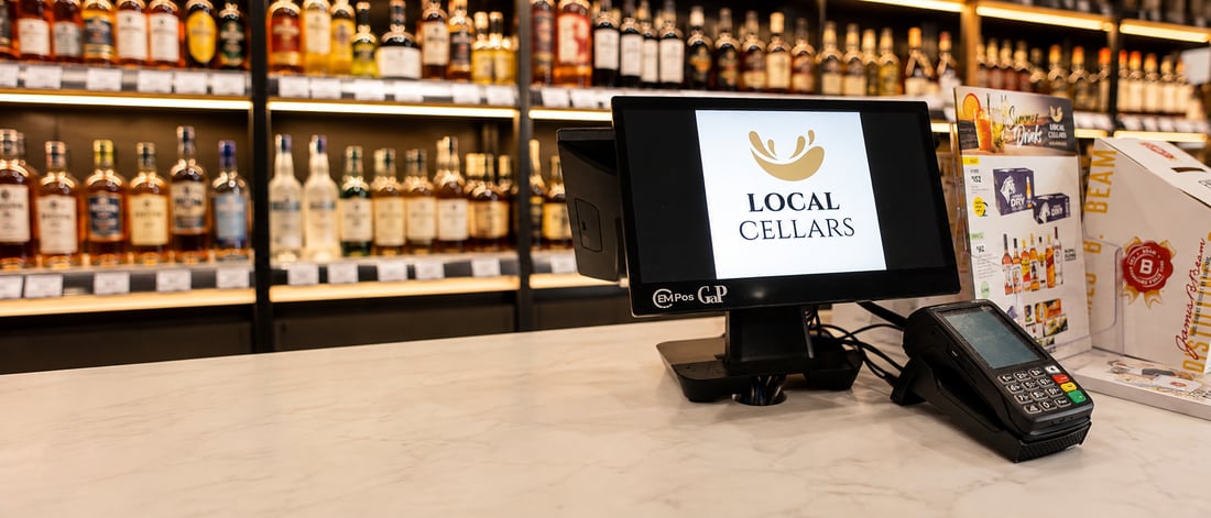 Liquor store point of sale and shelves