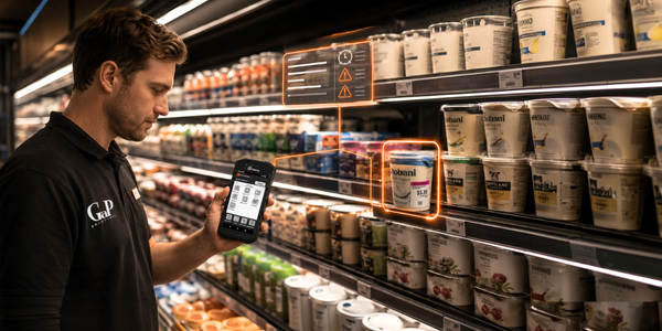 Grocery staff checking dairy expiry dates with EM Date-Check on a handheld device
