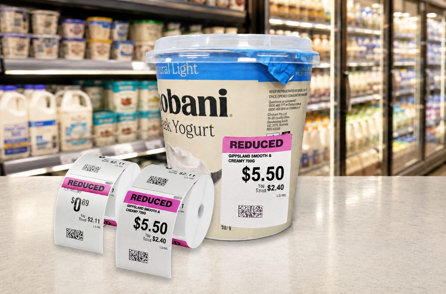 REDUCED markdown labels printed by the EM date check solution applied to close-to-date dairy products