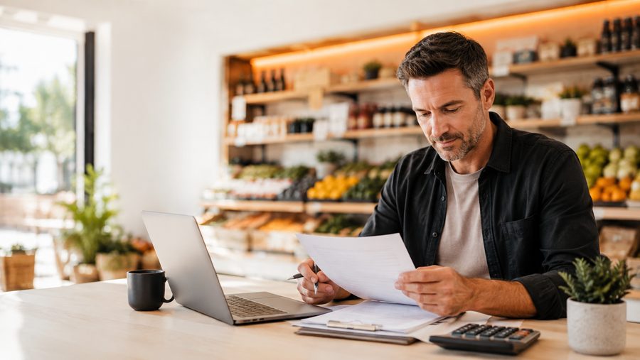 Independent supermarket owner reviewing supplier orders on a laptop in store