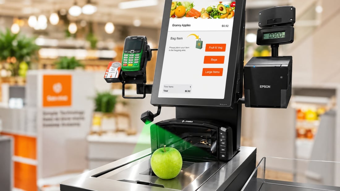 EM SCO-F AI product recognition scanning a green apple