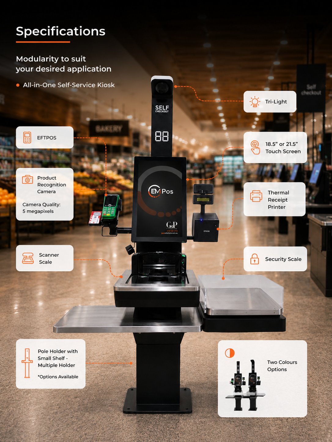 EM SCO-F specifications diagram: tri-light, EFTPOS, 5-megapixel product recognition camera, 18.5 or 21.5 inch touch screen, thermal receipt printer, scanner scale, security scale, pole holder with small shelf, and two colour options