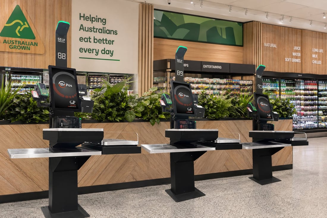Three EM SCO-F self-checkout units in a supermarket
