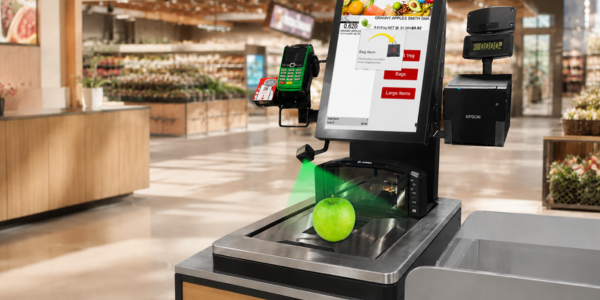 Close-up of the EM self-checkout AI camera recognising fresh produce at the counter