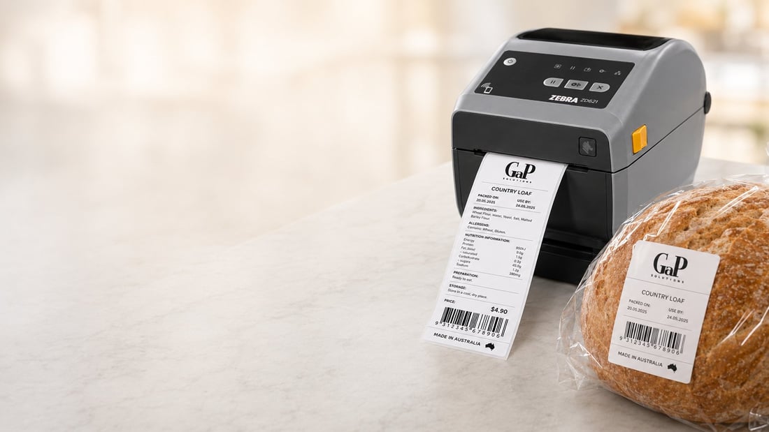 Ezi Labeller printing a compliant retail label showing ingredients, allergens, nutritional information, barcode and country of origin