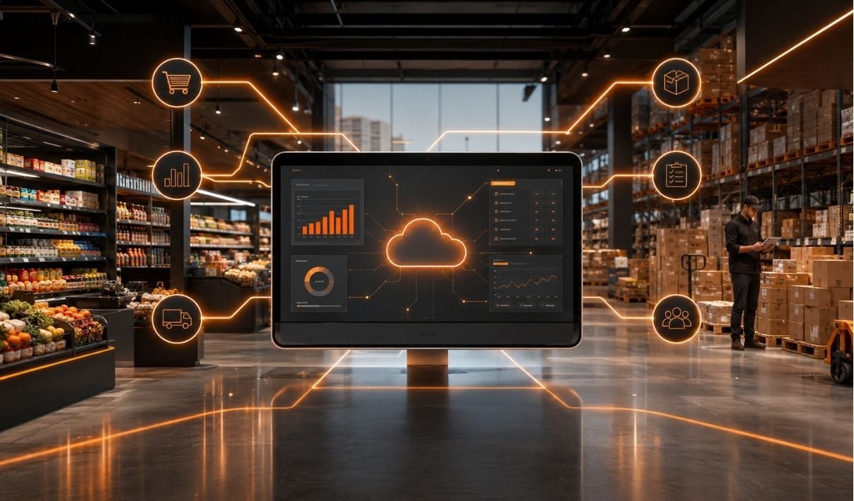 EM Cloud dashboard connecting every part of the store, from grocery shelves to the warehouse