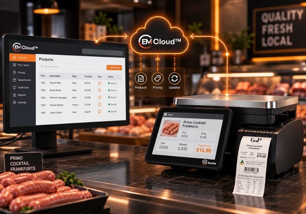 EM Cloud back office pushing product, pricing and PLU updates to an Ezi Scale at the deli counter, which prints an updated price label