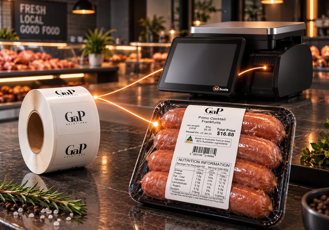 Ezi Linerless Label roll beside an Ezi Scale, with a printed nutrition and Country of Origin label on a tray of fresh cocktail frankfurts