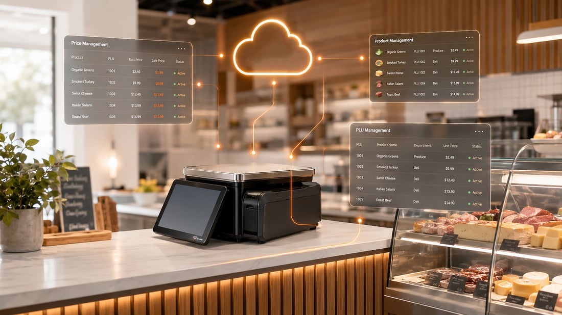 Ezi Scale Model F on a deli counter with EM Cloud price, product and PLU management screens feeding live data to the scale