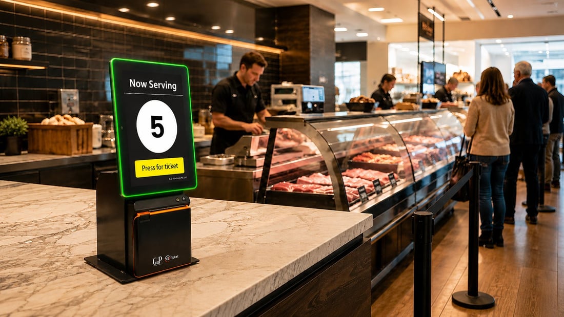 Customers waiting in an orderly queue at a butcher counter with the Ezi Ticket now serving display