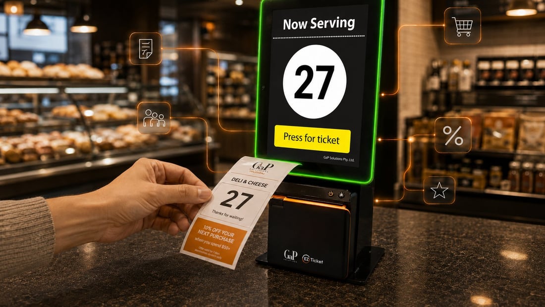 Customer taking a numbered Ezi Ticket at a deli counter, with the now serving display above