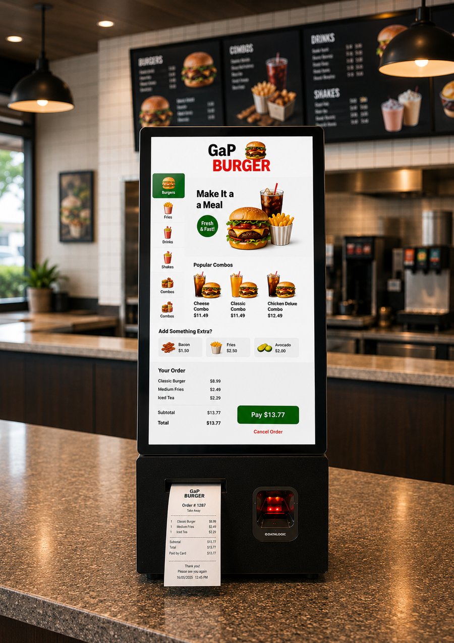 EM self-order kiosk in a fast food store
