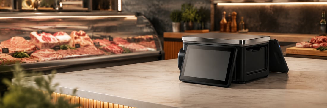 EM POS on an integrated scale in a butcher shop weighing and pricing meat
