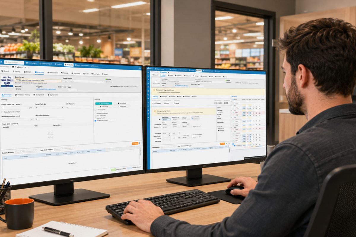 Retailer managing inventory and pricing in EM Cloud across two monitors in a store back office