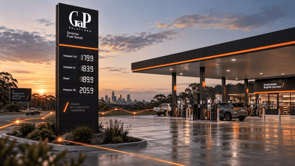 EM Forecourt fuel price board displaying live pricing for Unleaded, Diesel and Premium at a GaP Solutions branded service station