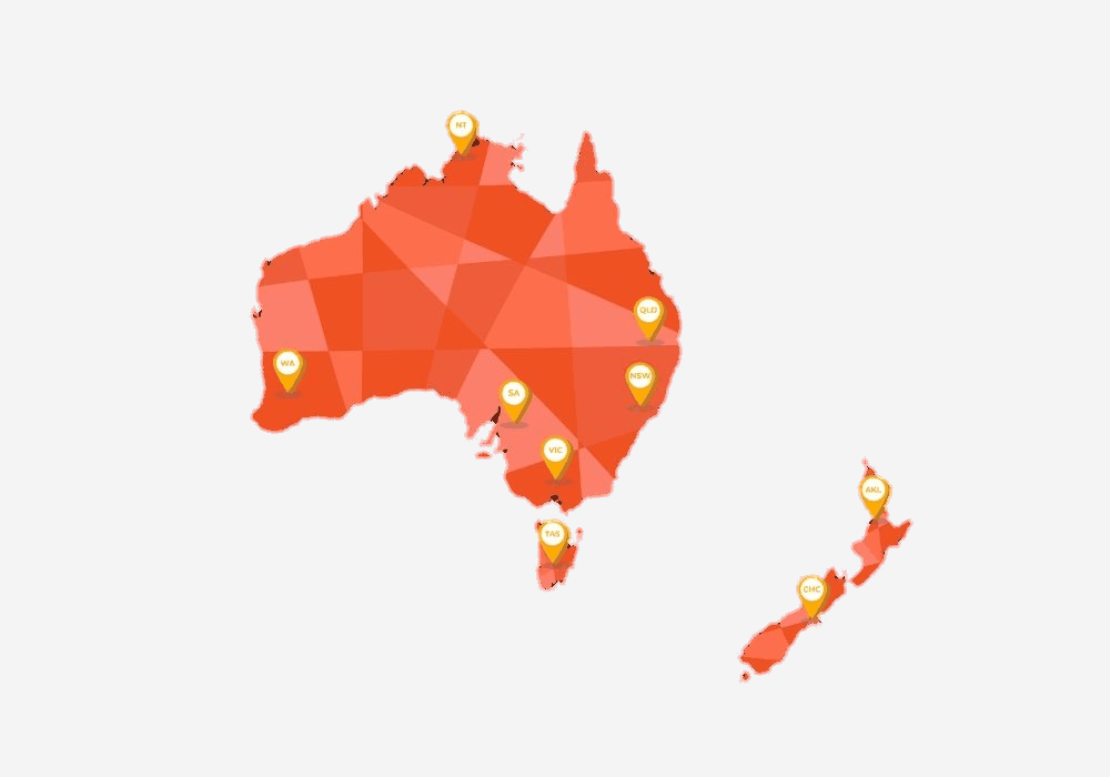 Map of Australia and New Zealand showing where GaP Solutions supports independent retailers, with markers in every Australian state and territory plus Auckland and Christchurch