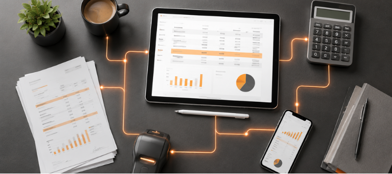 EM Cloud invoice verification screen displaying supplier invoice data alongside accounting reports on a retail manager desk