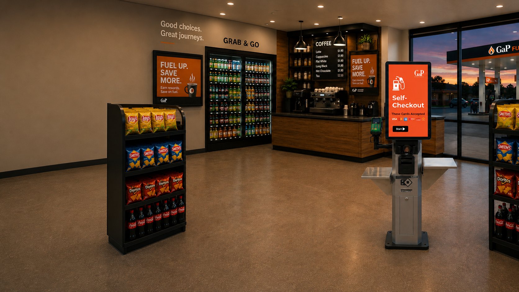 EM SCO-K self-checkout kiosk inside a fuel forecourt convenience store at dusk