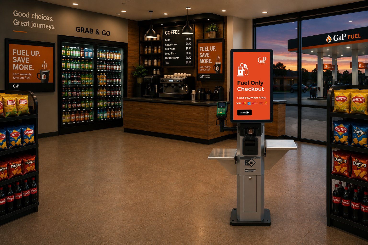 EM SCO-K kiosk configured as a fuel-only card payment checkout in a convenience store