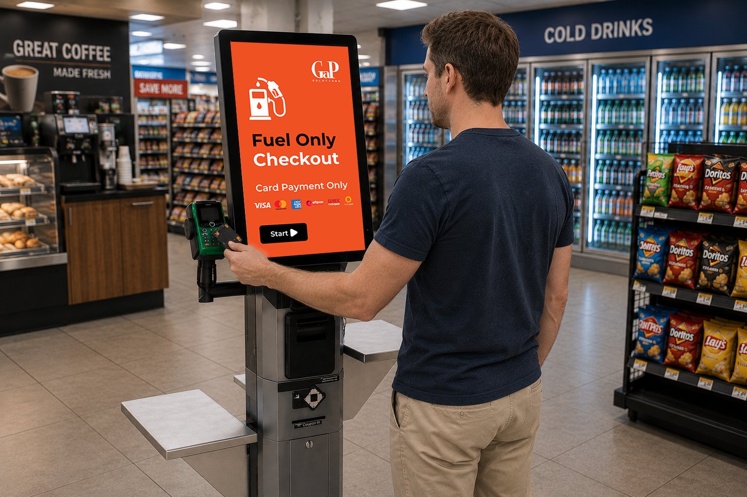 Customer completing a card payment at an EM SCO-K self-checkout kiosk