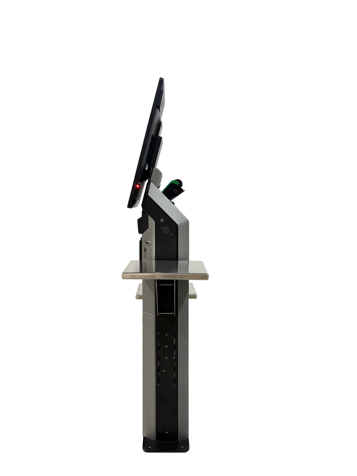 EM SCO-K self-checkout kiosk, side profile showing adjustable bagging shelf positions