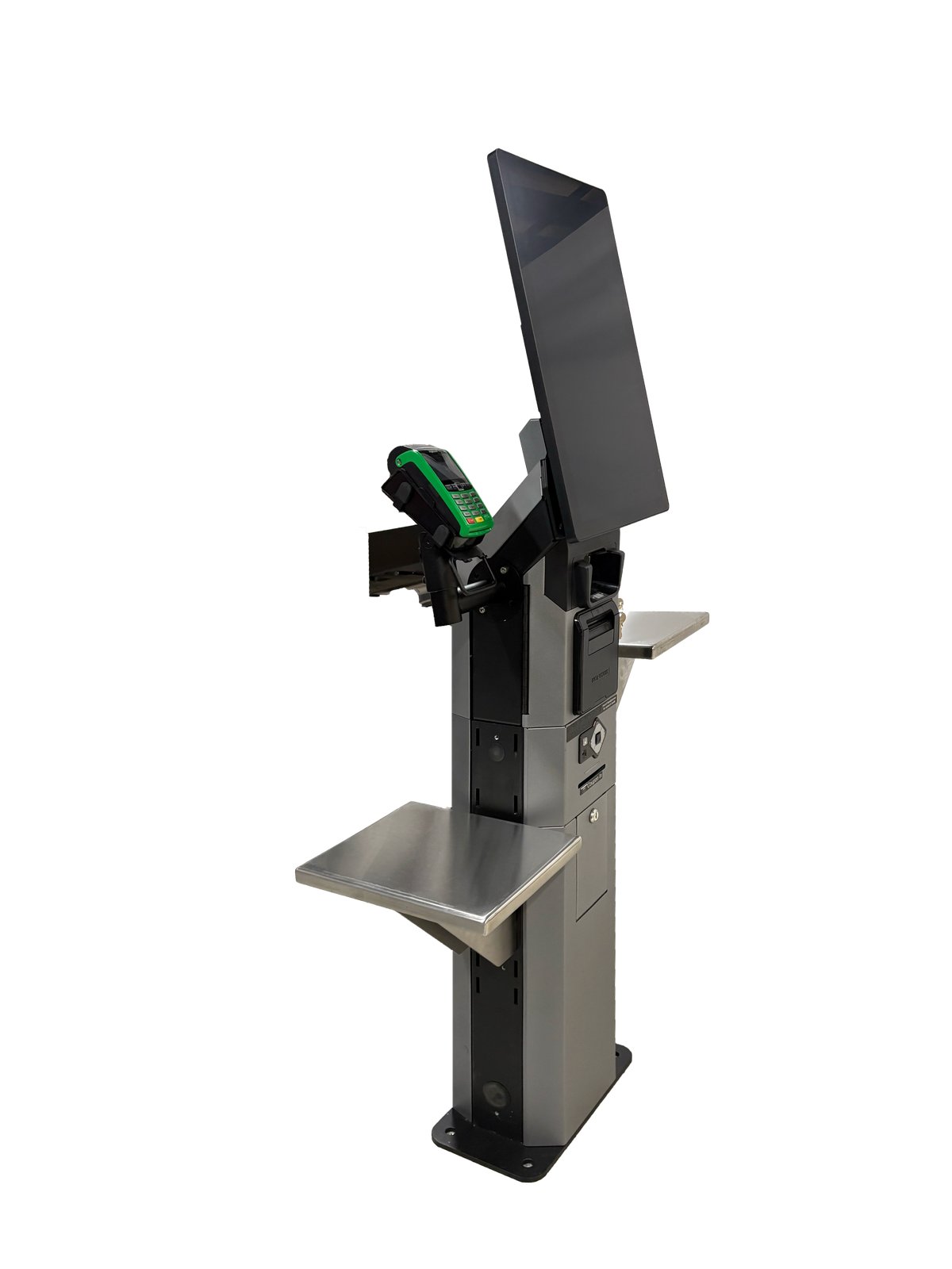 EM SCO-K self-checkout kiosk, three-quarter view showing EFTPOS terminal and twin shelves