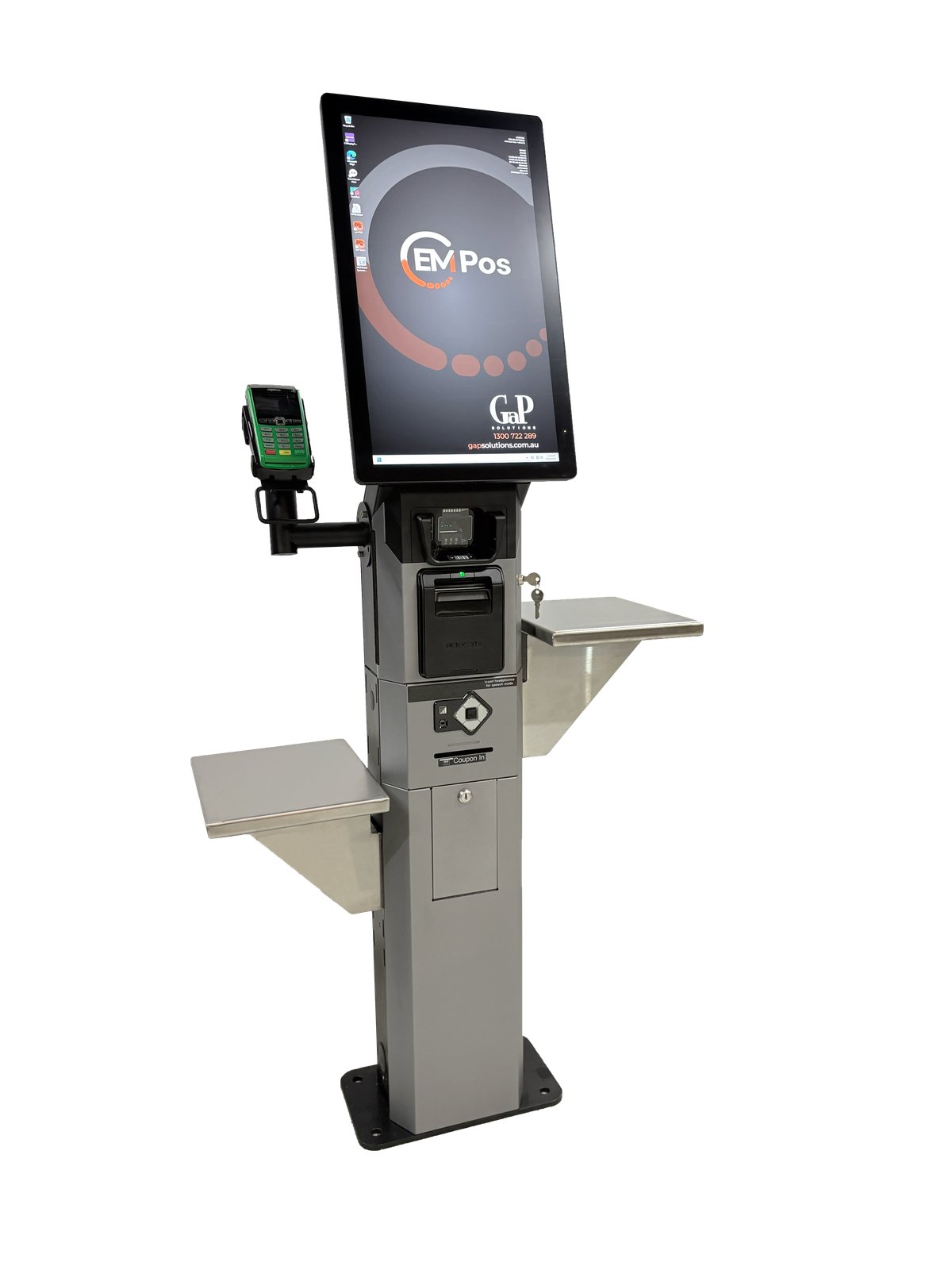 EM SCO-K self-checkout kiosk, angled view showing the slim pedestal and bolt-down base