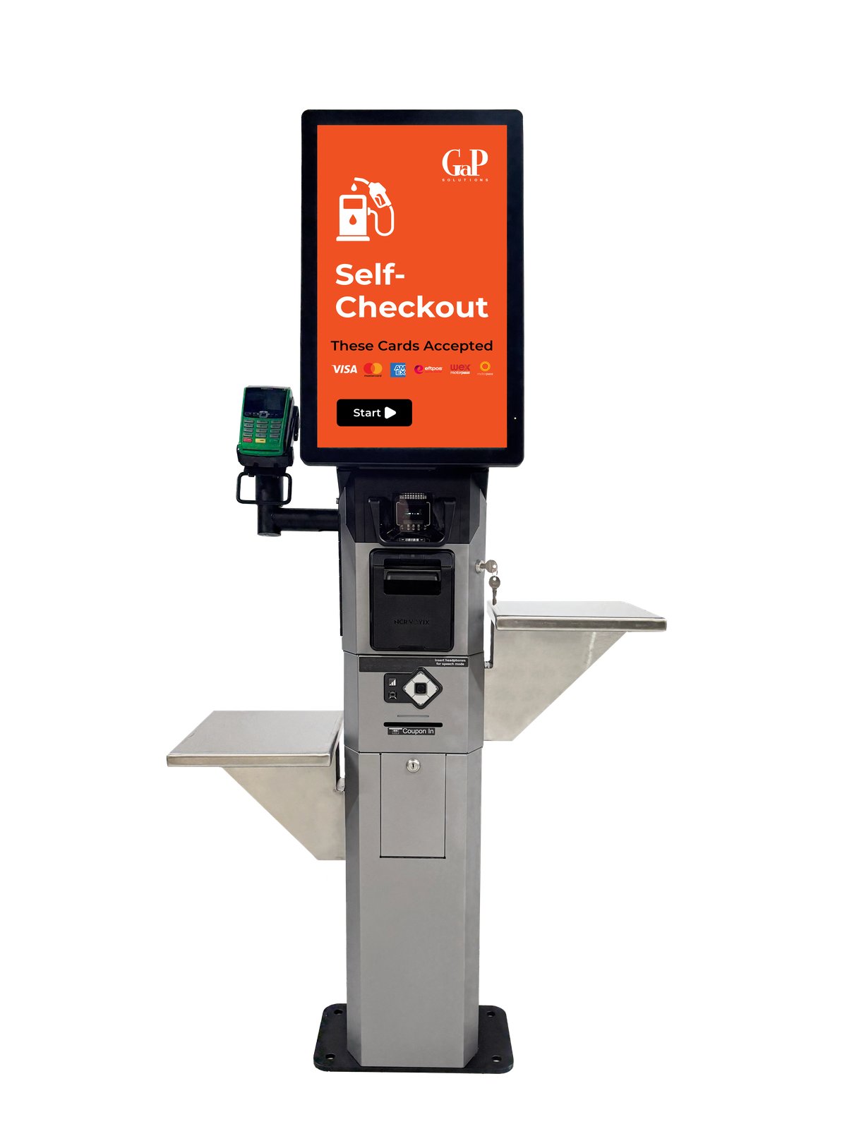 EM SCO-K self-checkout kiosk, front view, showing the 21.5 inch touchscreen, EFTPOS terminal, scanner and twin bagging shelves