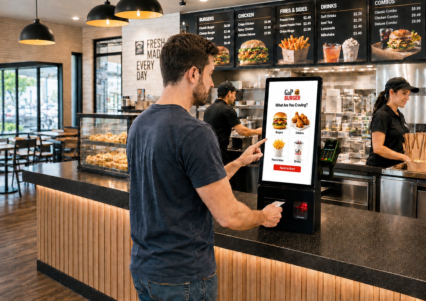 Customer paying by contactless card at an EM SCO-C kiosk during peak trade