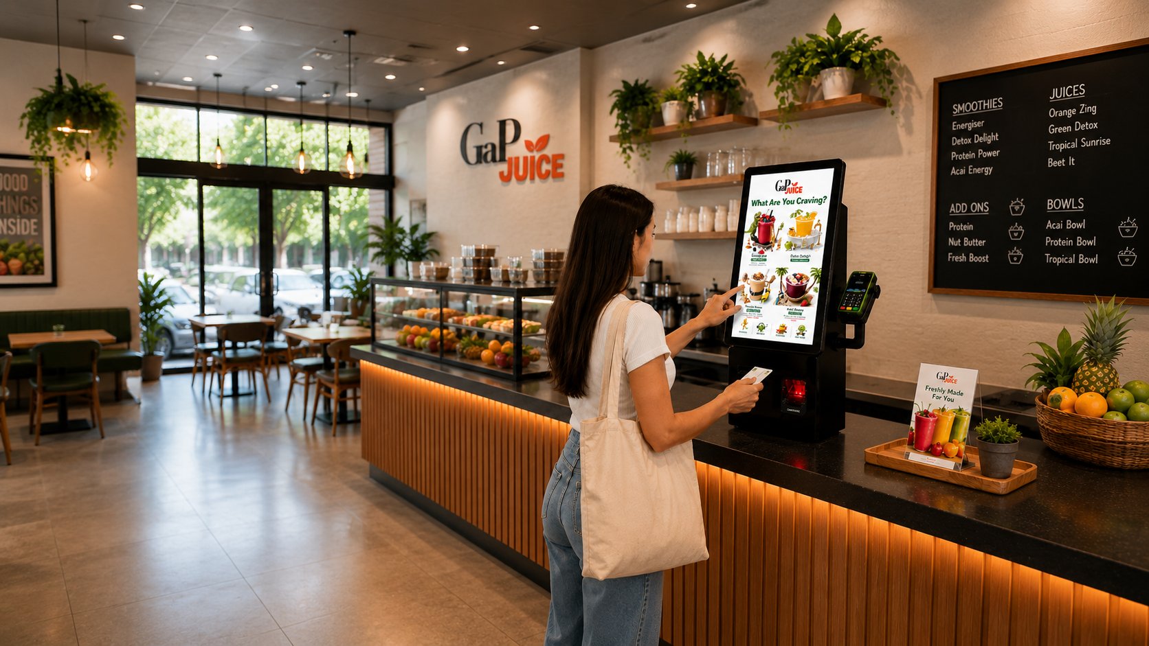 EM SCO-C self-ordering kiosk in a juice and smoothie bar