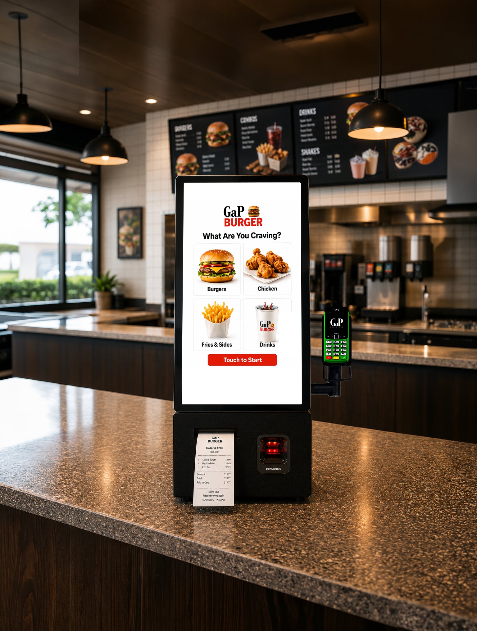 EM SCO-C self-ordering kiosk on a quick service counter, printing a customer receipt