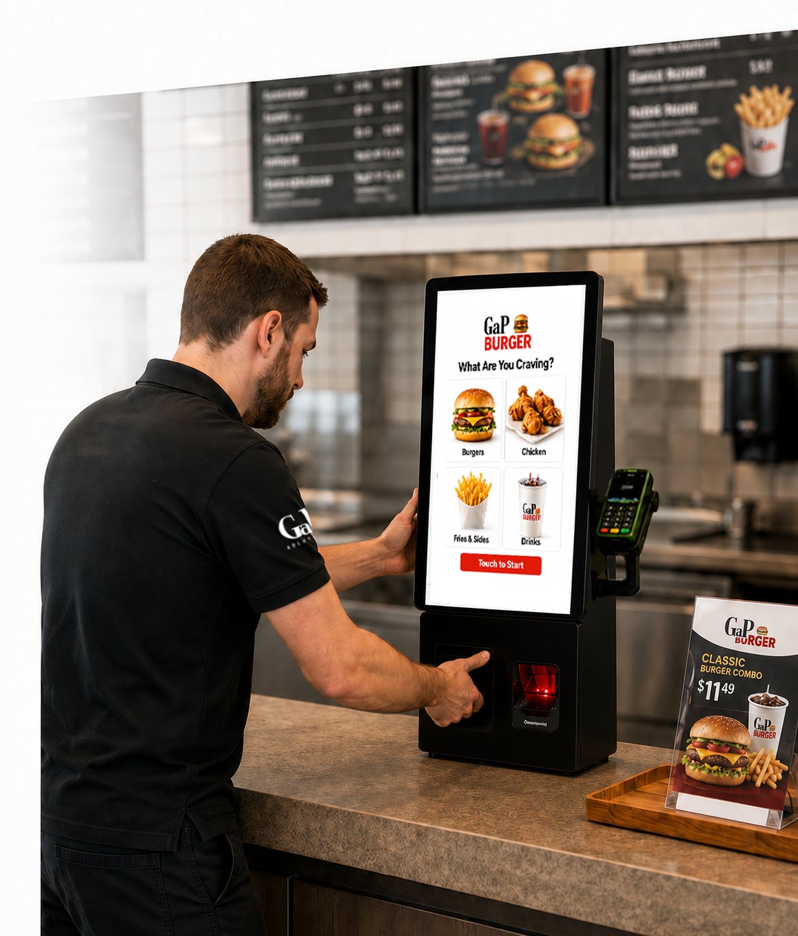 GaP Solutions team member demonstrating the EM SCO-C self-ordering kiosk