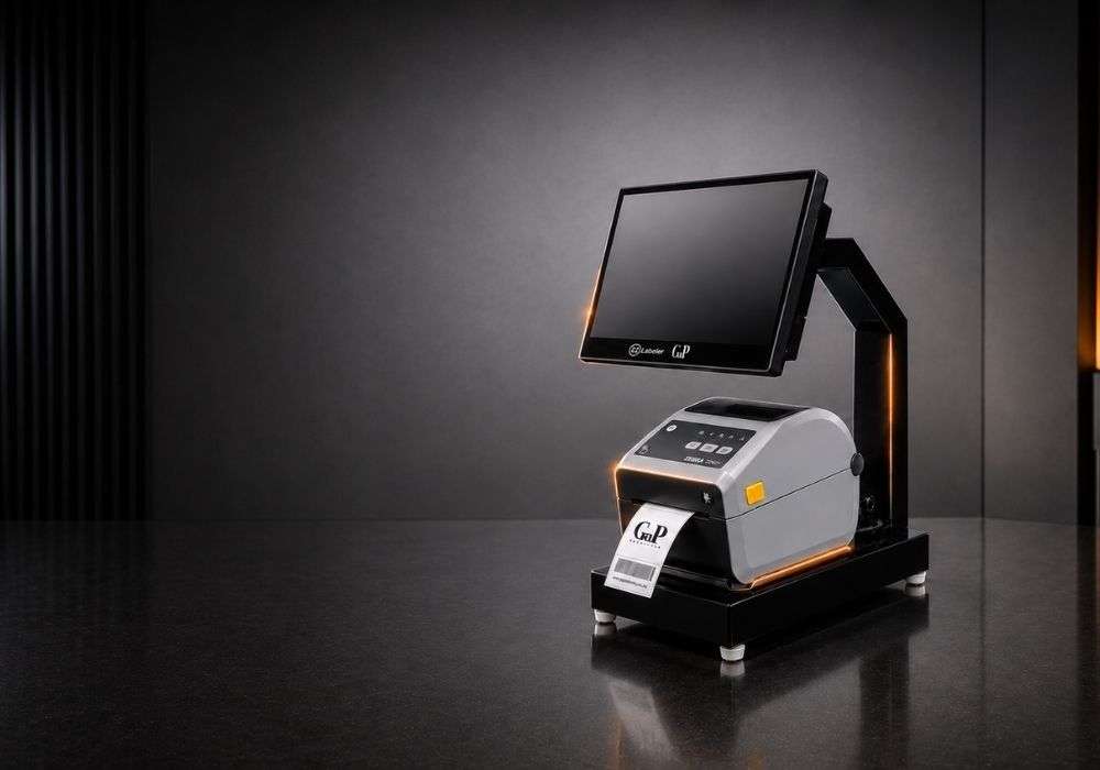 Ezi Labeller integrated retail label printer with 11 inch touchscreen and Zebra thermal printer