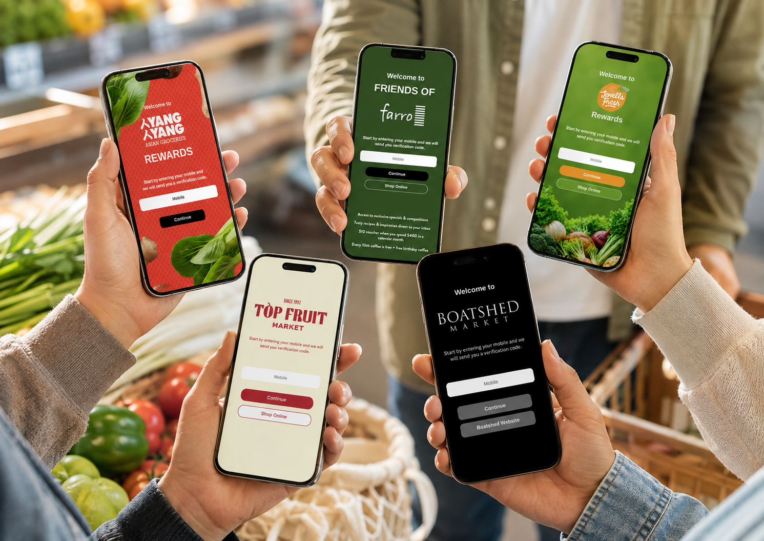 Five smartphones held up in-store, each displaying a different retailer’s own branded Ezi Rewards App welcome screen