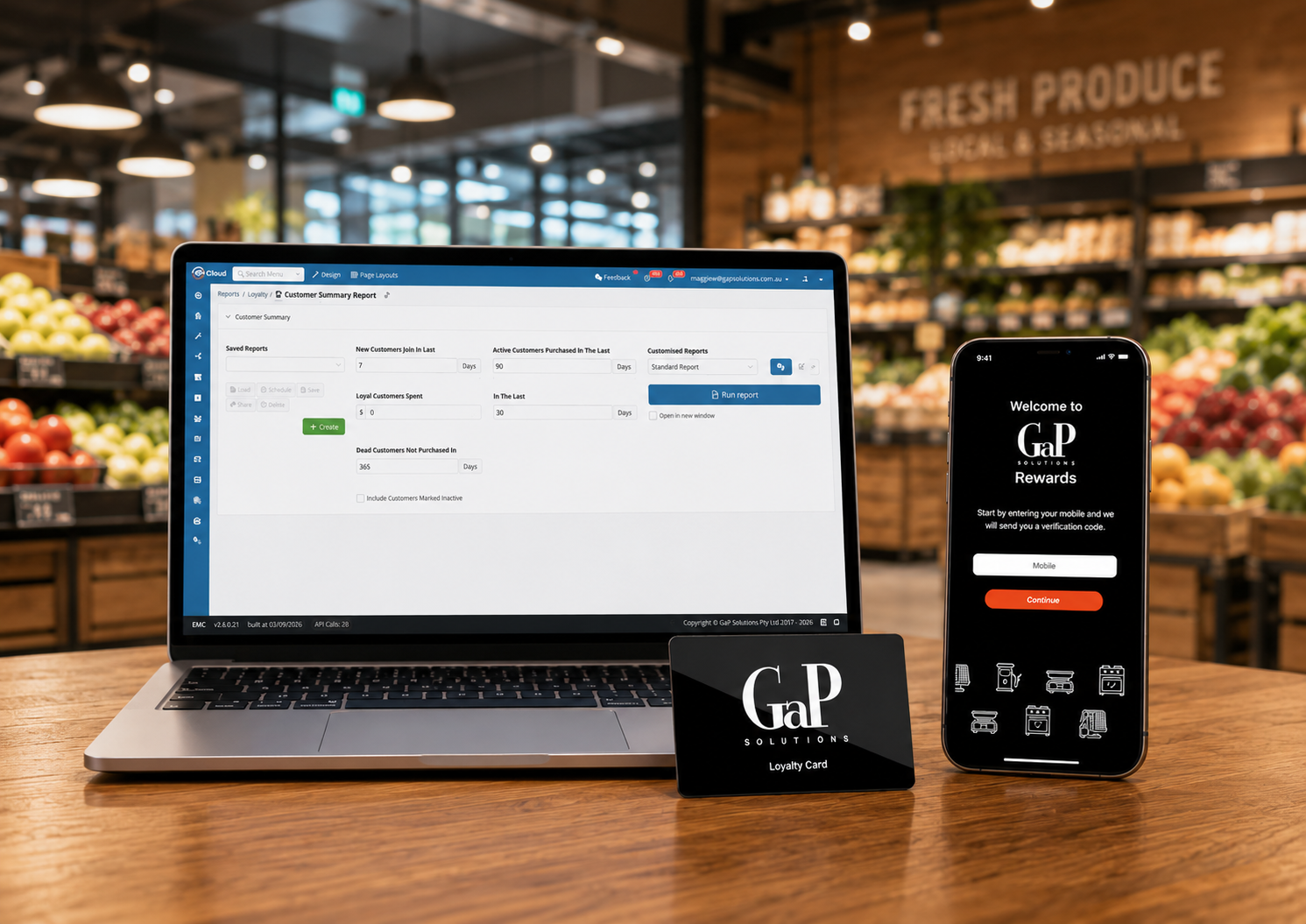 Ezi Rewards Registration Portal welcome screen on laptop and phone, next to a GaP Solutions loyalty card