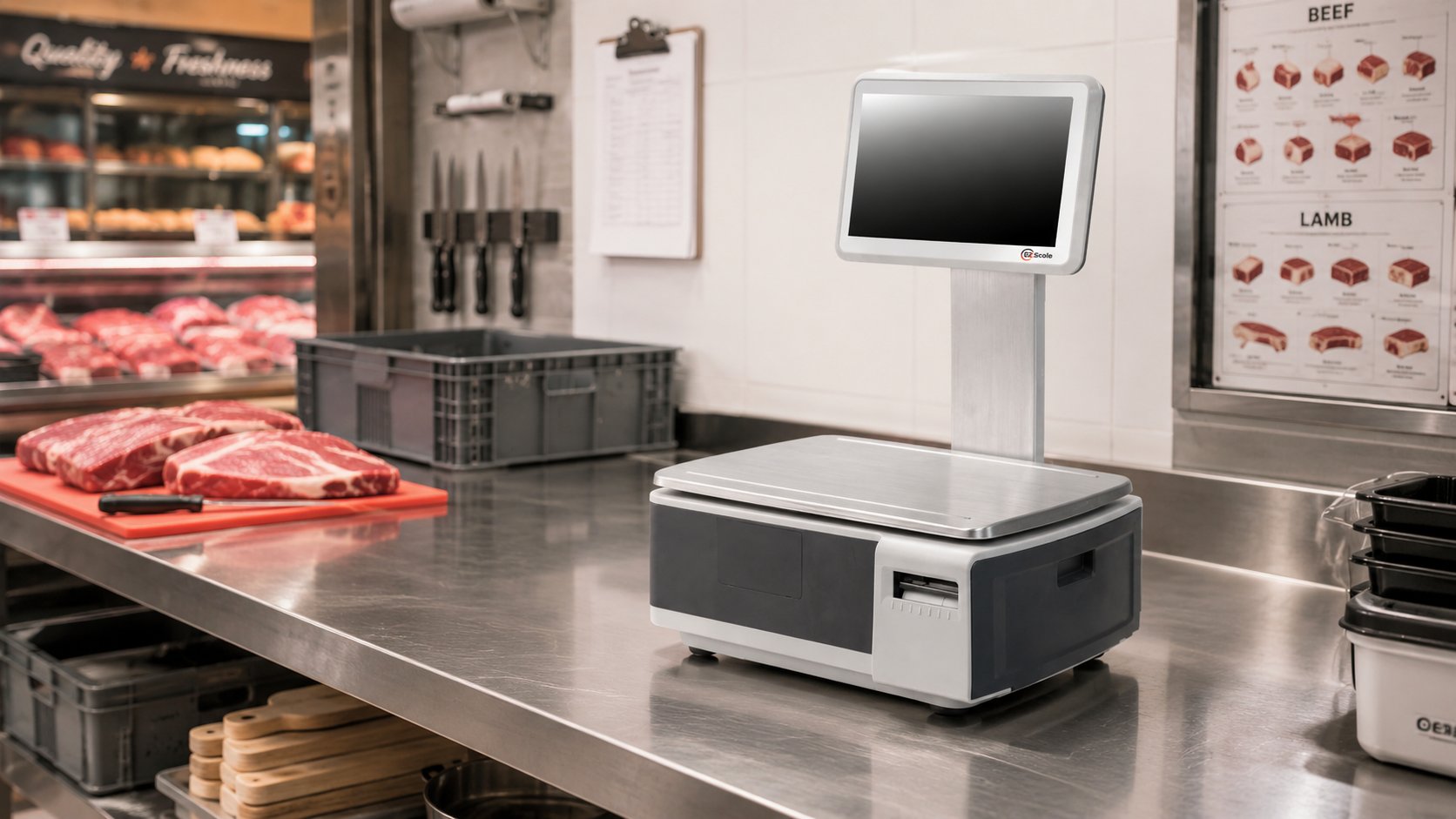 Ezi Scale MK3 in use at a seafood counter showing scales networked across fresh food departments