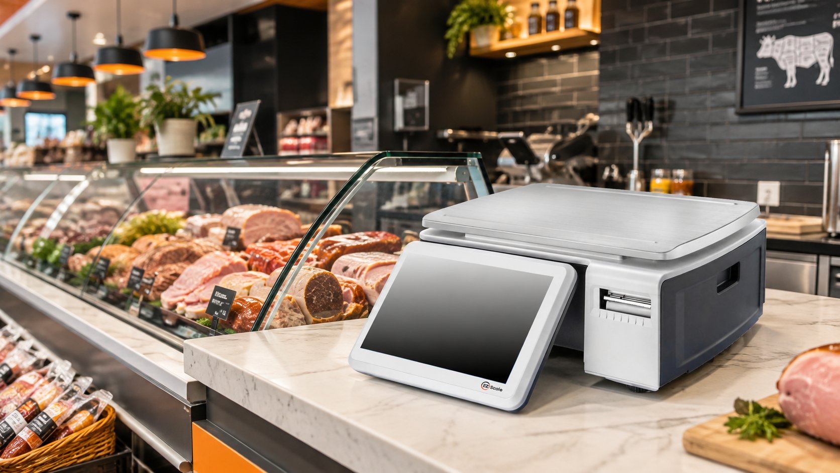 Ezi Scale MK3 retail scale product shot showing 10.1 inch touchscreen, stainless steel platter and all-purpose printer