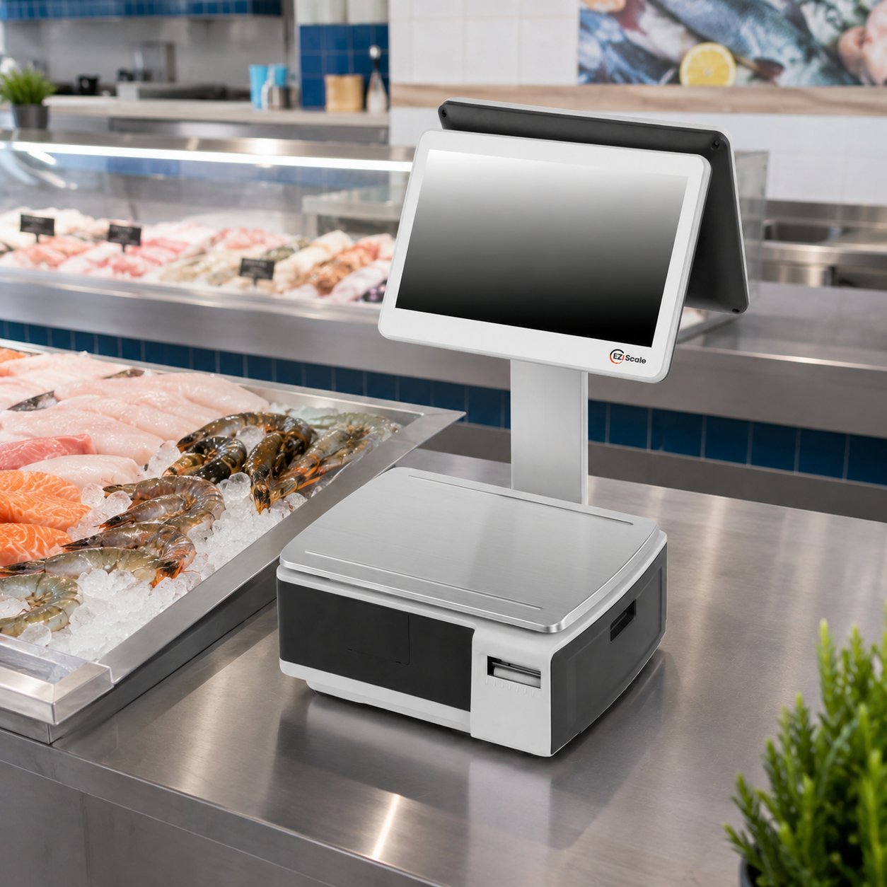 Ezi Scale MK3 in use at a butchery counter showing floating operator and networked scale workflow