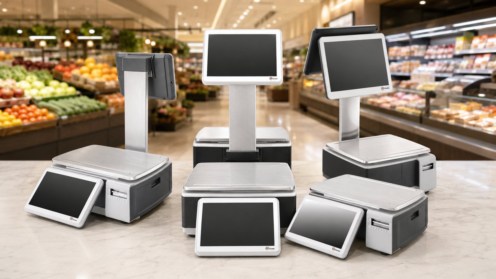 Ezi Scale MK3 full model range lineup including MK3-F MK3-S MK3-I MK3-10H and MK3-15H models in supermarket setting