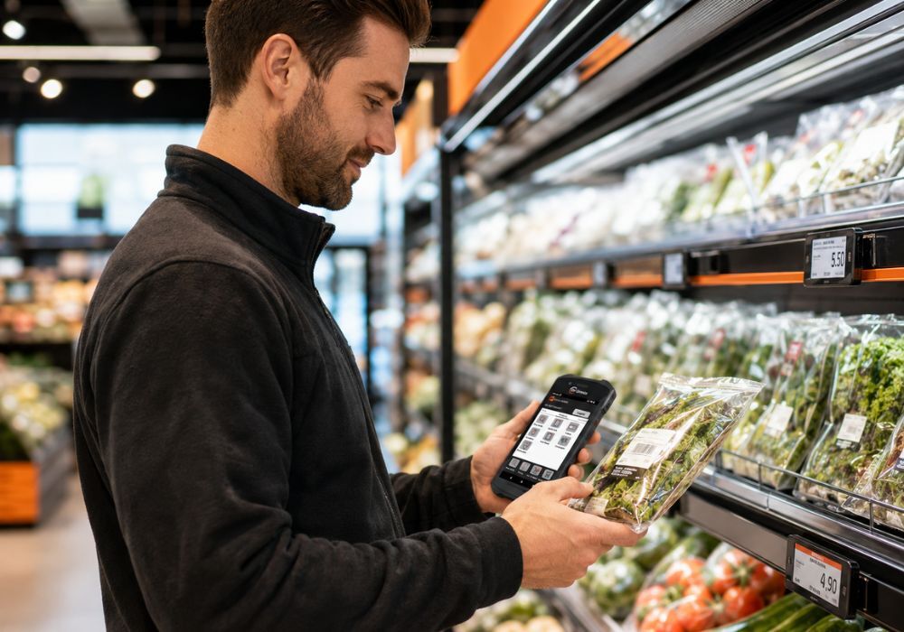 EM ESL electronic shelf label with LED flash indicator highlighting a near-expiry fresh food product for markdown or removal