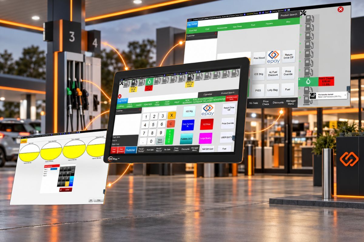 EM POS convenience store screens showing product search, price override and mobile order integrations overlaid on a GaP Solutions forecourt
