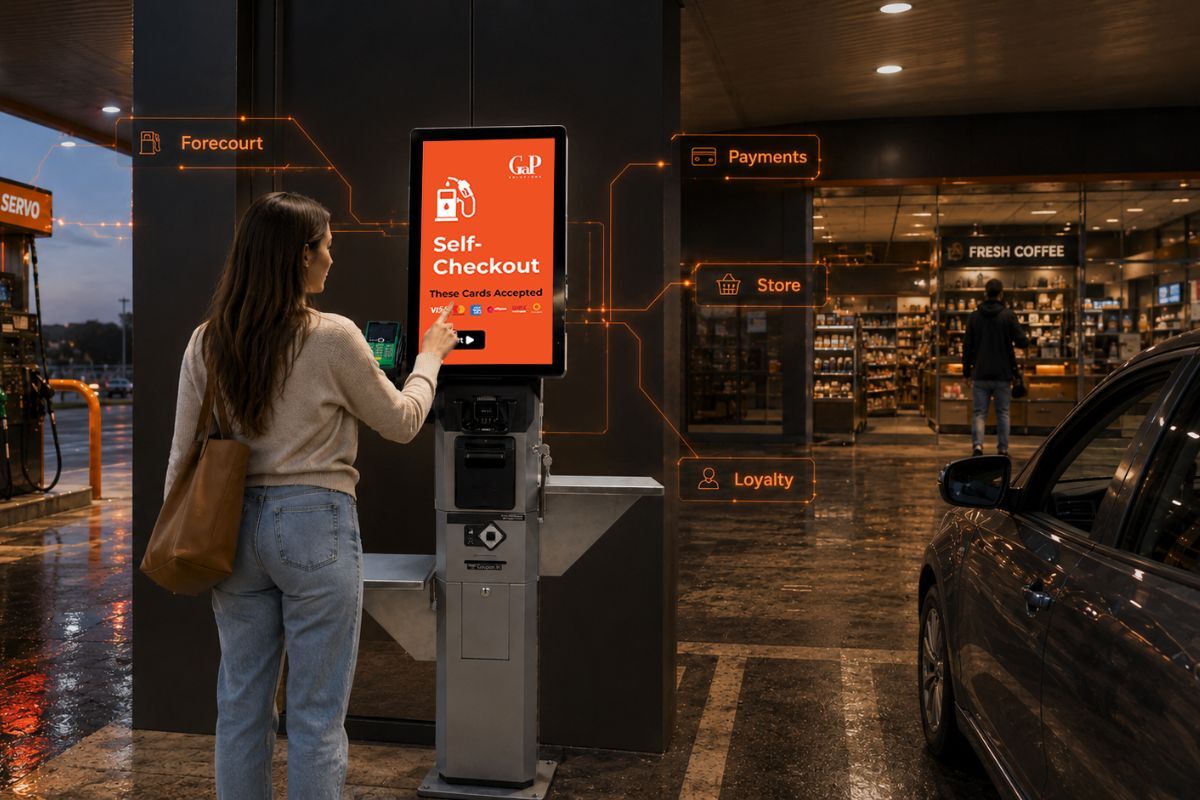 EM SCO Fuel Kiosk self-checkout screen at a GaP Solutions forecourt letting a customer pay at the pump and access forecourt, payments, store and loyalty functions