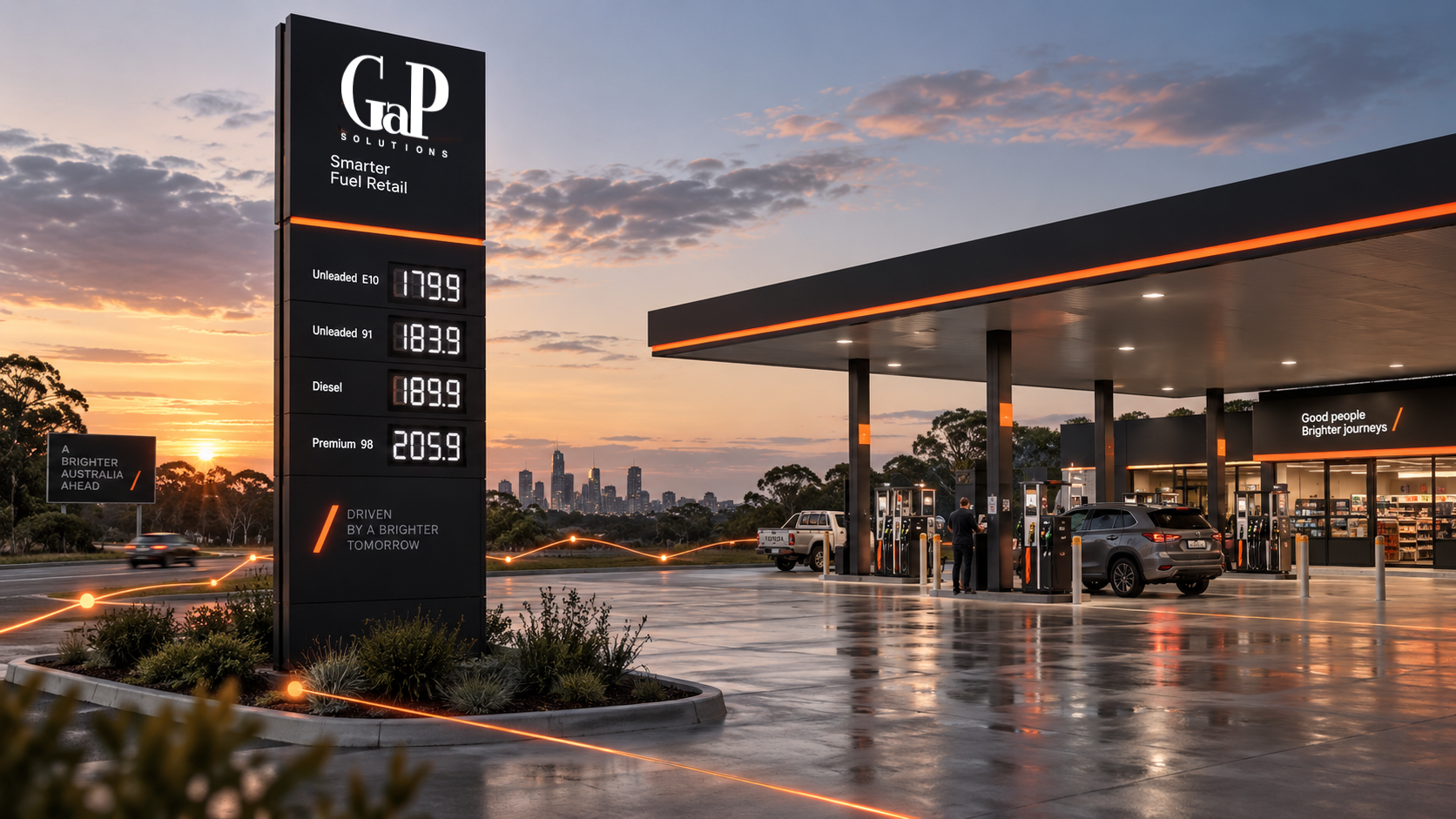 EM Forecourt fuel price board displaying live pricing for Unleaded, Diesel and Premium at a GaP Solutions branded service station