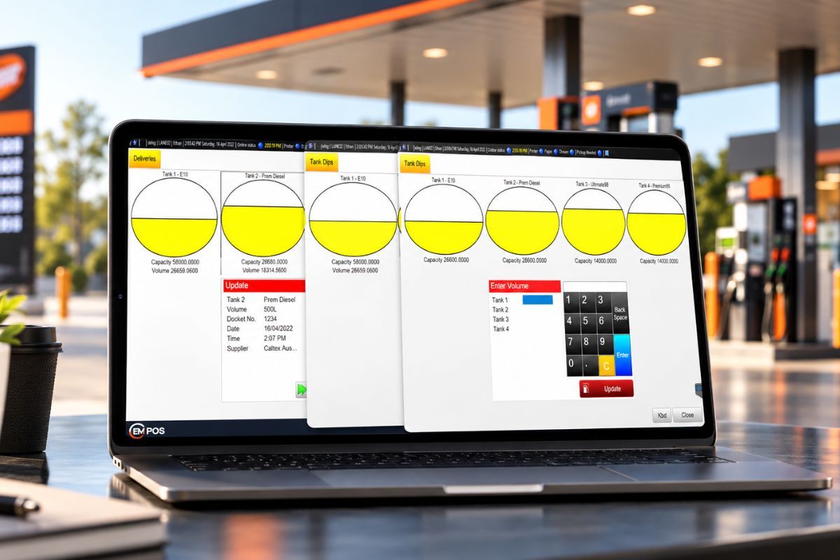 EM Forecourt pump control interface on EM POS showing tank dips and fuel deliveries